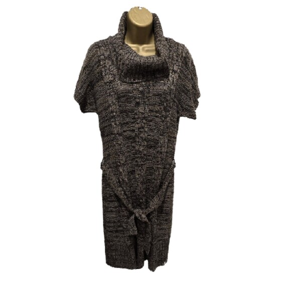 Brown Belted Cable Knit Funnel Cowl Neck Sweater Dress Womens Sz LP Short Sleeve - Picture 1 of 9